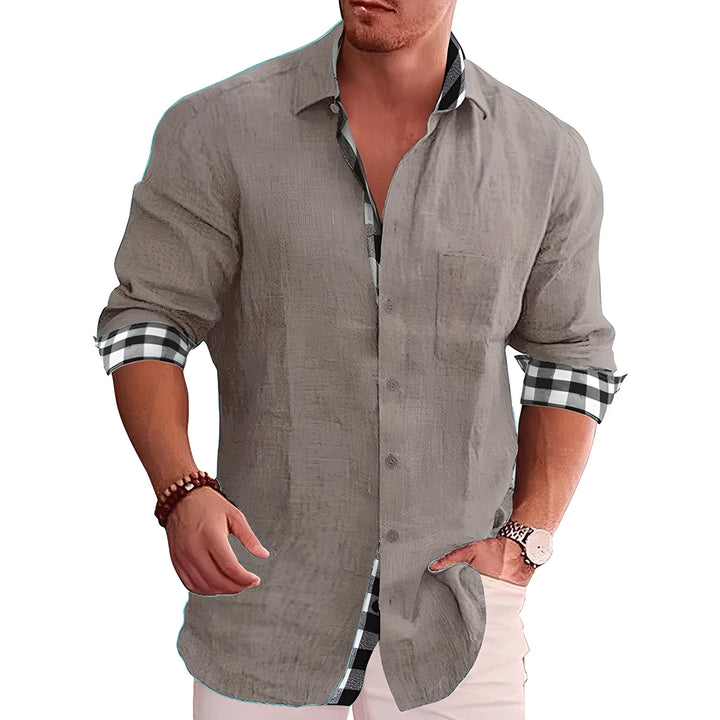 Men's Linen Shirt Casual Long Sleeve Summer Button Down Plaid Trimmed Fashion Top