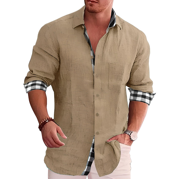 Men's Linen Shirt Casual Long Sleeve Summer Button Down Plaid Trimmed Fashion Top