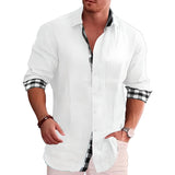 Men's Linen Shirt Casual Long Sleeve Summer Button Down Plaid Trimmed Fashion Top